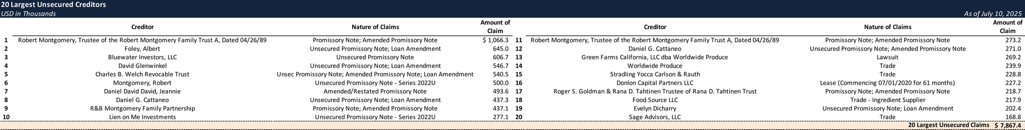 Form 204 Top Unsecured Claims